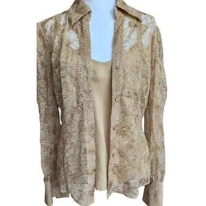 Dana Buchman Button Down Lace Top Silk Cami Tank Set Women 4 Camel Tan Shirt